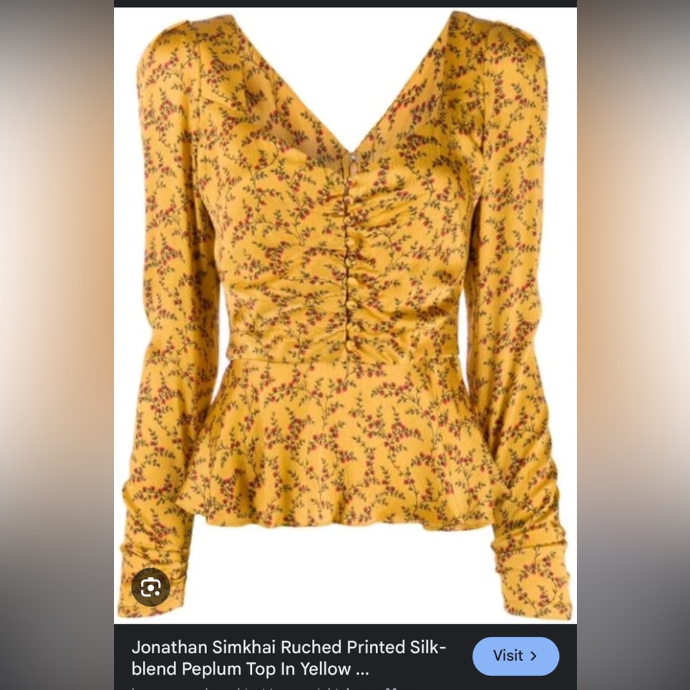 Jonathan Simkhai Ruched Printed Silk-blend Peplum Top In Yellow